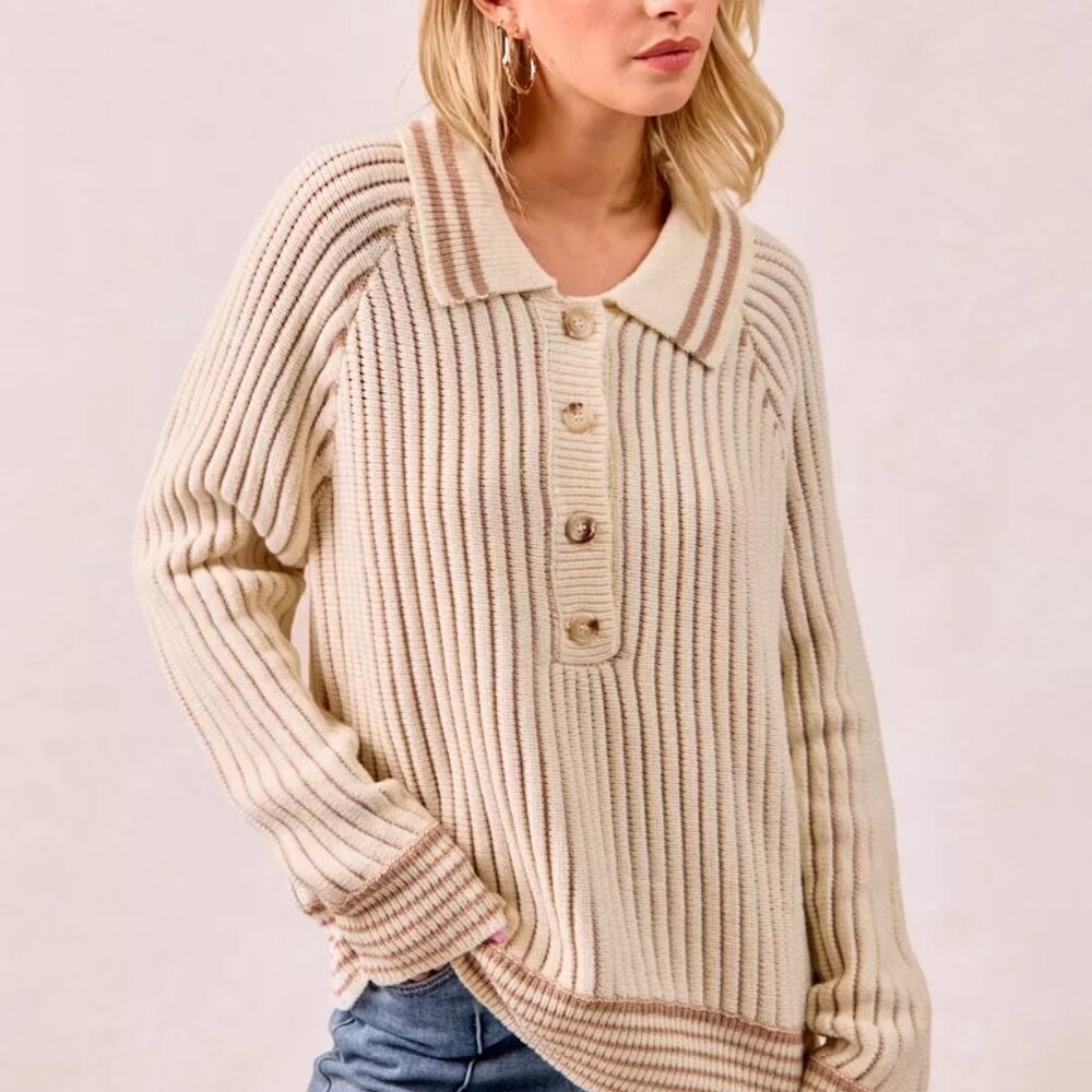 BiBi‎ Half Button Ribbed Two Tone Sweater - Picture 5 of 16
